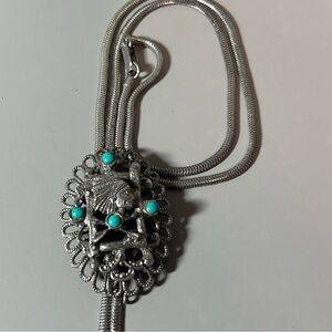 ST LABRE Signed Silver Tone Lariat Tassel Bolo Necklace Chief Turquoise Vintage